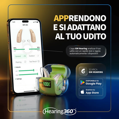 Amplificatori Acustici Ricaricabili Bluetooth GM303 con Bluetooth, App per Regolazione del Suono e Custodia Disinfettante UV-C