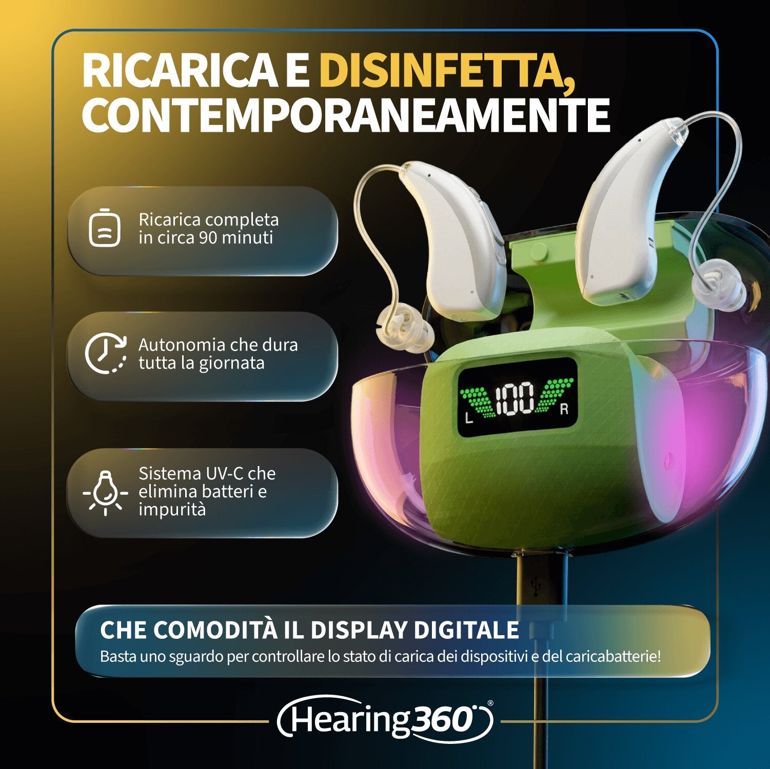 Amplificatori Acustici Ricaricabili Bluetooth GM303 con Bluetooth, App per Regolazione del Suono e Custodia Disinfettante UV-C